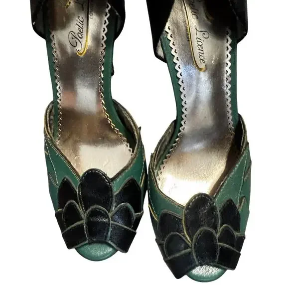 Poetic Licence London Green & Black Leather Peep Toe Heels (EUR 36.5 / US 6) - Picture 3 of 8